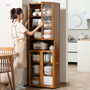 Armoire de rangement de cuisine multi-niveaux avec portes en verre, en bambou, design moderne pour l'organisation des ustensiles et de la vaisselle - Product Image 3