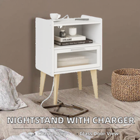 Table de chevet avec station de charge, table de nuit en verre décorative avec porte, espace de rangement à 2 niveaux, table basse en bois pour chambre et salon