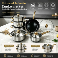Set Peralatan Masak Mewah 12 Buah dari Baja Anti Karat dengan Gagang Emas, Kompatibel dengan Induksi, Set Panci dan Wajan, Perlengkapan Dapur