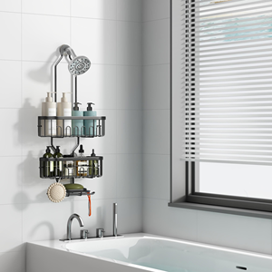 Étagère murale 3 niveaux avec crochets 5-en-1 réglable, antirouille, pour salle de bain, rangement serviettes, shampoing, savon, support de douche suspendu - Product Image 4