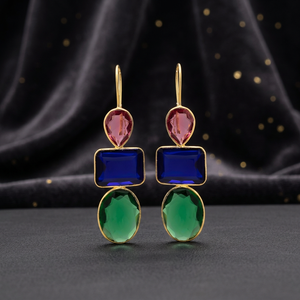 Boucles d'oreilles clous en laiton faites à la main avec pierres précieuses, plaquées rhodium, style bohème ethnique - Product Image 3
