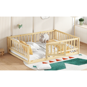 Cama Montessori de suelo tamaño matrimonial de madera con baranda y puerta para niños - Product Image 3