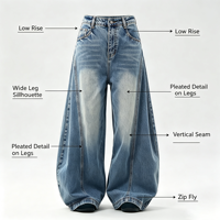 Jean ample rétro bleu uni léger pour femme, coupe large, plissé devant, fermeture éclair, longueur standard