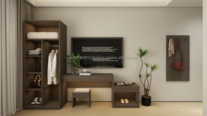 Ensemble de meubles de chambre d'hôtel 3 étoiles en bois moderne avec lit king-size, table de chevet, tête de lit capitonnée, armoire et meuble TV pour chambre complète - Product Image 3