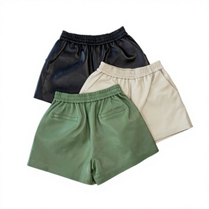 Women's High Waist Green <b>PU</b> Coated <b>Shorts</b> With Pockets Casual Loose Fit Elastic Waist Satin Fabric - Product Image 3