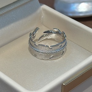 S925 Pure Silver Leaf <b>Ring</b> Niche Design Simple Fashionable Vintage Zircon Micro-Inlaid <b>Open</b> Mouth <b>Ring</b> Rhodium Plated Jewelry - Product Image 5
