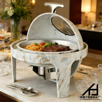 Hotelbedarf Roll-Top Rund 6L Edelstahl Marmor Chafing Dish Buffet Speisenwärmer-Set mit Glasfenster für Restaurants