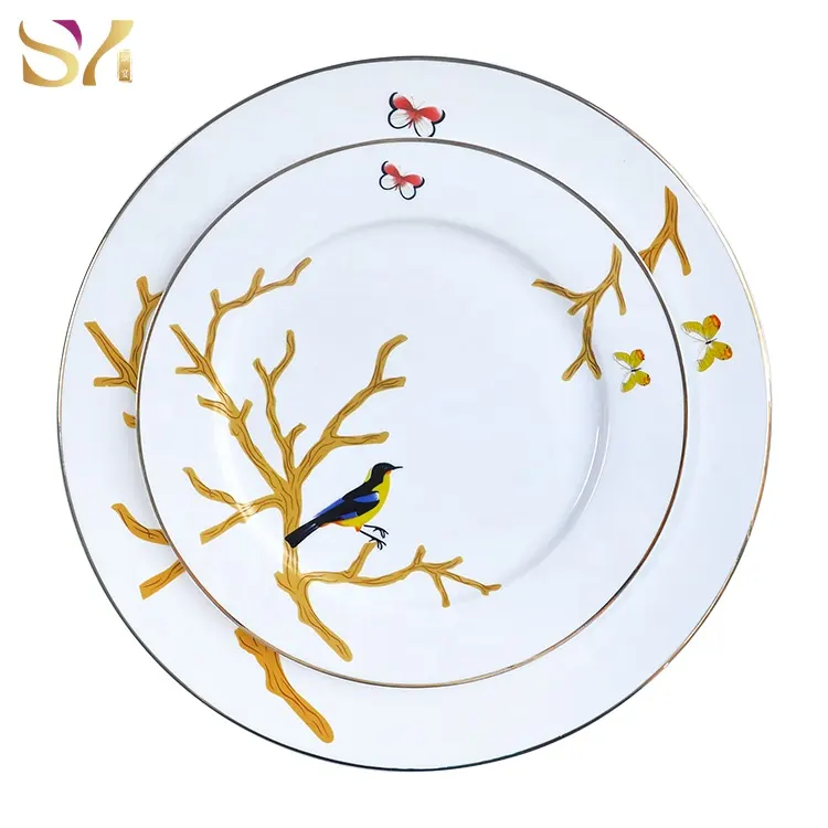 China Factory 10.5/8 inch Gold Rim Bone China plate set Ceramic bird design Wedding Dinner Plate