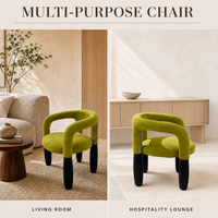 Fauteuil d'appoint en velours vert avec dossier sculptural incurvé et pieds en bois massif pour salon, chambre et bureau