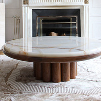 Table basse ronde en marbre onyx naturel avec base cannelée en bois massif, table centrale moderne de luxe pour salon