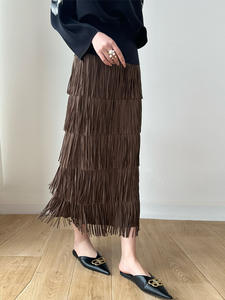 Jupe de gâteau amincissante et polyvalente à franges Robe longue de longueur moyenne Conception de taille élastique Jupe à jambe droite sensible pour toutes les saisons - Product Image 5