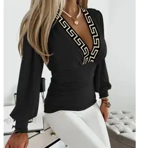 2023 Hot Autumn Long sleeve Fashionable V-neck Printed women's shirt women's shirt