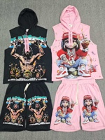 Ensemble 2 pièces pour homme, sweat à capuche sans manches et short, imprimé vintage, streetwear décontracté, tenue d'été