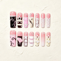 24 faux ongles à presser longs carrés Kawaii avec nœud 3D, perles et dentelle, avec gelée adhésive et lime à ongles, vente en gros et dropshipping