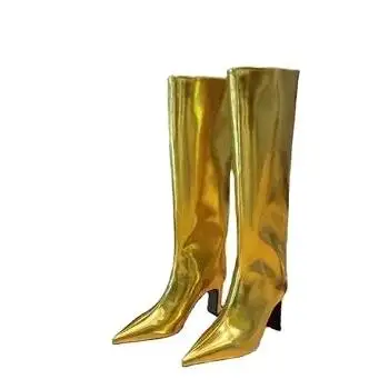 Sepatu bot lutut tinggi wanita, sepatu bot stiletto lancip kulit cermin logam mode baru