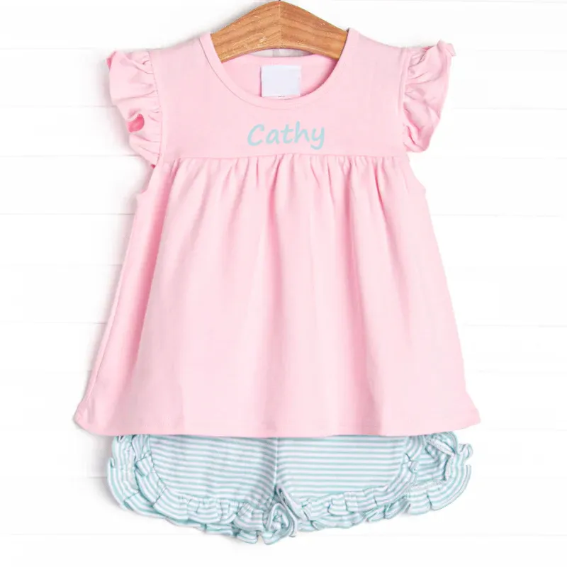 Ensembles de vêtements d'été à volants tricotés pour filles monogramme à manches courtes bloomers pour bébé fille tenue douce pour petites filles