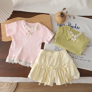 Ensemble de vêtements pour enfants d'été à manches courtes avec bordure en dentelle, deux pièces, pour <span class=keywords><strong>les</strong></span> petites filles - Product Image 1