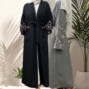Mode été 2024, abaya ouverte en lin et polyester brodée de fleurs, style Dubaï, long cardigan pour femmes musulmanes, 1407 # - Product Image 1