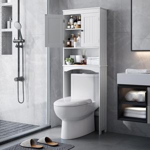 Meuble <span class=keywords><strong>de</strong></span> rangement pour toilettes avec étagère ouverte et étagère réglable, organisateur <span class=keywords><strong>de</strong></span> rangement avec portes doubles, autoportant - Product Image 1