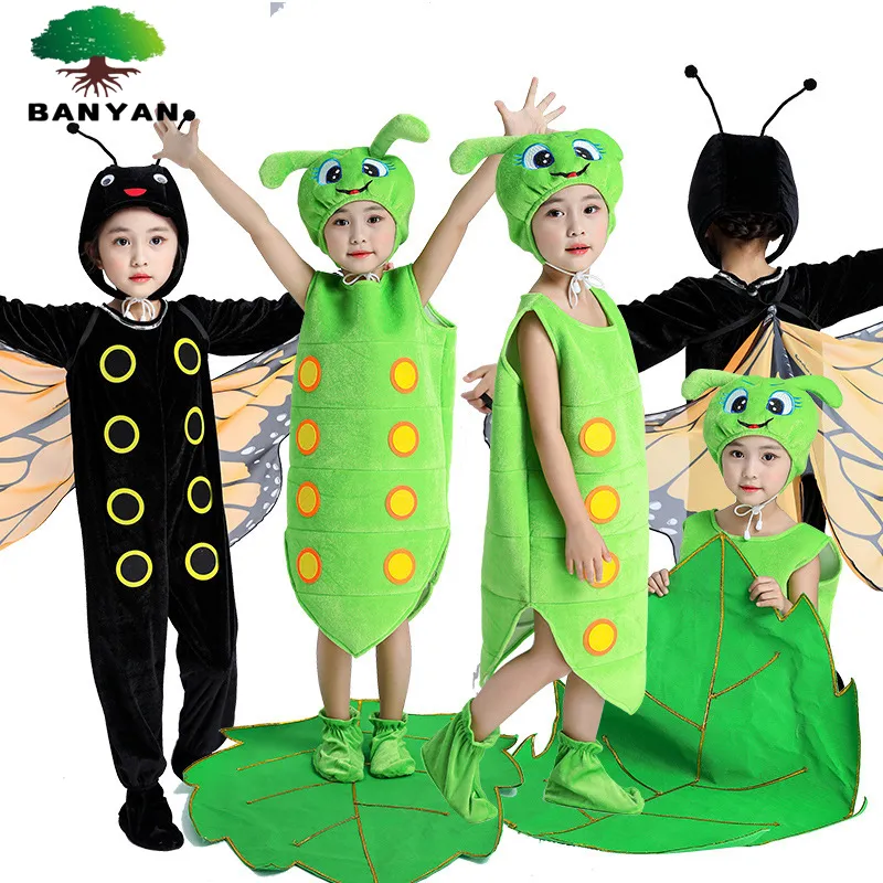 Reloj de dibujos animados, disfraz de actuación del Día de los niños, oruga y pequeño insecto verde, mariposa, cuento de hadas, ropa de escenario