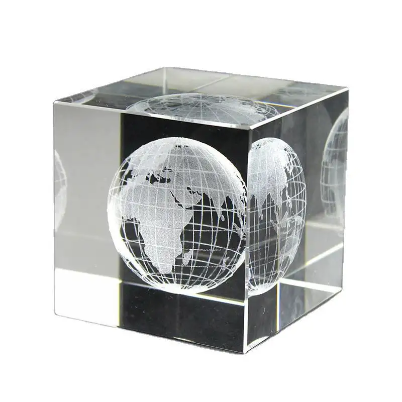 2021 3dレーザークリスタルキューブEngraved Globe Crystal Cube Glass Paper Weight