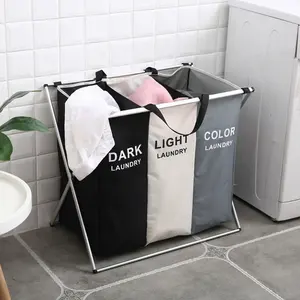 3 Section Bathroom Home Dirty Cloth Collapsible Foldable Laundry Basket Storage Basket Hamper With Aluminum Frame