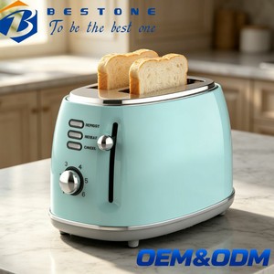เครื่องปิ้งขนมปัง BESTONE 2 แผ่น แบบไฟฟ้า สไตล์เรโทร พร้อมฟังก์ชั่นละลายน้ำแข็ง อุ่นอาหาร และยกเลิกการปิ้ง ตัวตั้งเวลาแบบกลไก สีฟ้า - Product Image 1