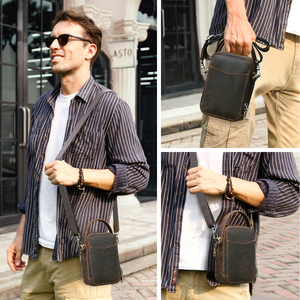 Sac de téléphone vintage en cuir Crazy Horse pour <span class=keywords><strong>homme</strong></span> avec sangle amovible, bandoulière, pochette multi-poches, compatible avec téléphone 6,7 pouces et passeport - Product Image 5