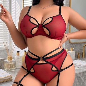 Ensemble de lingerie transparente SMOOTH Plus Size Spicy Girl, ensemble soutien-gorge et culotte fins à découpes ajourées pour femmes rondes et voluptueuses - Product Image 1