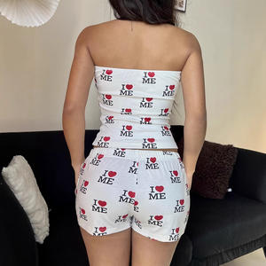 अमेरिकी गर्म लड़की व्यक्तित्व लोमेम मुद्रित ऑफ-गर्दन ट्यूब शीर्ष बनियान + लोचदार कमर फीता-अप शॉर्ट्स आकस्मिक सूट - Product Image 4