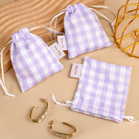 Pochette à cordon en coton doux à carreaux, réutilisable, multi-tailles, écologique, petite pochette de rangement pour bijoux, pochette cadeau