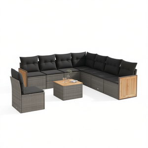 Ensemble de canapés de jardin en polyrotin gris 9 pièces avec coussins, mobilier d'extérieur au design contemporain, panneaux en bois de teck - Product Image 1