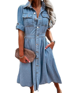 Nuovo stile noi abito da Cowboy sottile sottile primavera/estate in tessuto Denim con bottone ampio <span class=keywords><strong>Sil</strong></span> Uette Pattern in tinta unita tasche - Product Image 2