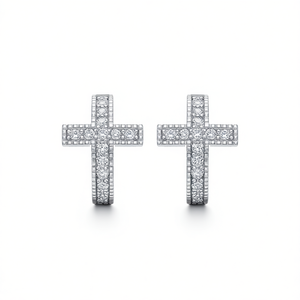 E3913 <b>White</b> <b>Gold</b> <b>Cross</b> Earrings With Round Brilliant Cut Diamonds For Religious Ceremonies Unisex Jewelry - Product Image 1