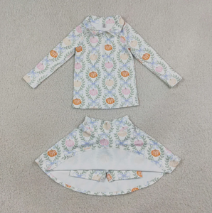 Ensemble 2 pièces pour fillette automne, imprimé citrouille aquarelle et nœud, haut à demi-zip et jupe évasée, tenue de Thanksgiving pour enfants, écologique - Product Image 4