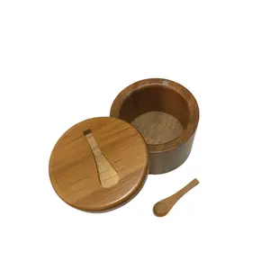 Wholesale Natural Wooden Bamboo Salt Box Spice Storage Jar Wooden Spices Box With Spoon