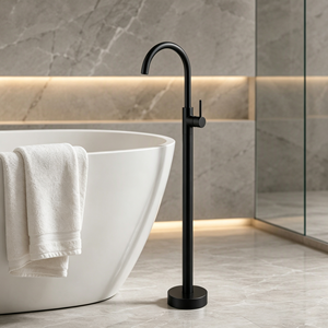 Robinet sur pied gris, finition minimaliste, monocommande, pour lavabo de salle de bain - Product Image 3