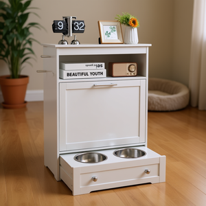Station d'alimentation pour animaux de compagnie blanche en acier inoxydable avec double bol, design moderne pour usage intérieur - Product Image 2