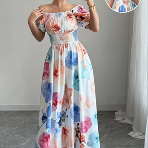 Robe longue femme à imprimé floral coloré, manches bouffantes, col carré, taille naturelle, écologique, pour l'été, la plage, les fêtes et les vacances - Product Image 2