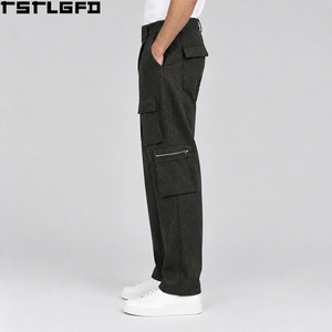 Pantalones de Franela de Lana para Hombre, Color Gris Carbón, con Múltiples Bolsillos, Corte Recto, Plisados, Estilo Cargo, Ropa de Trabajo, Venta al Por Mayor - Product Image 2