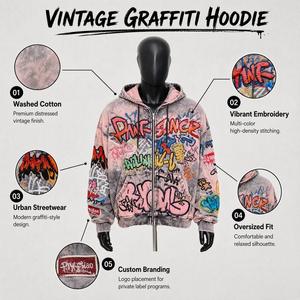 Sweat à capuche zippé Urban Graffiti pour homme, style streetwear oversize, en coton French Terry, avec broderie et impression manuelles - Product Image 3