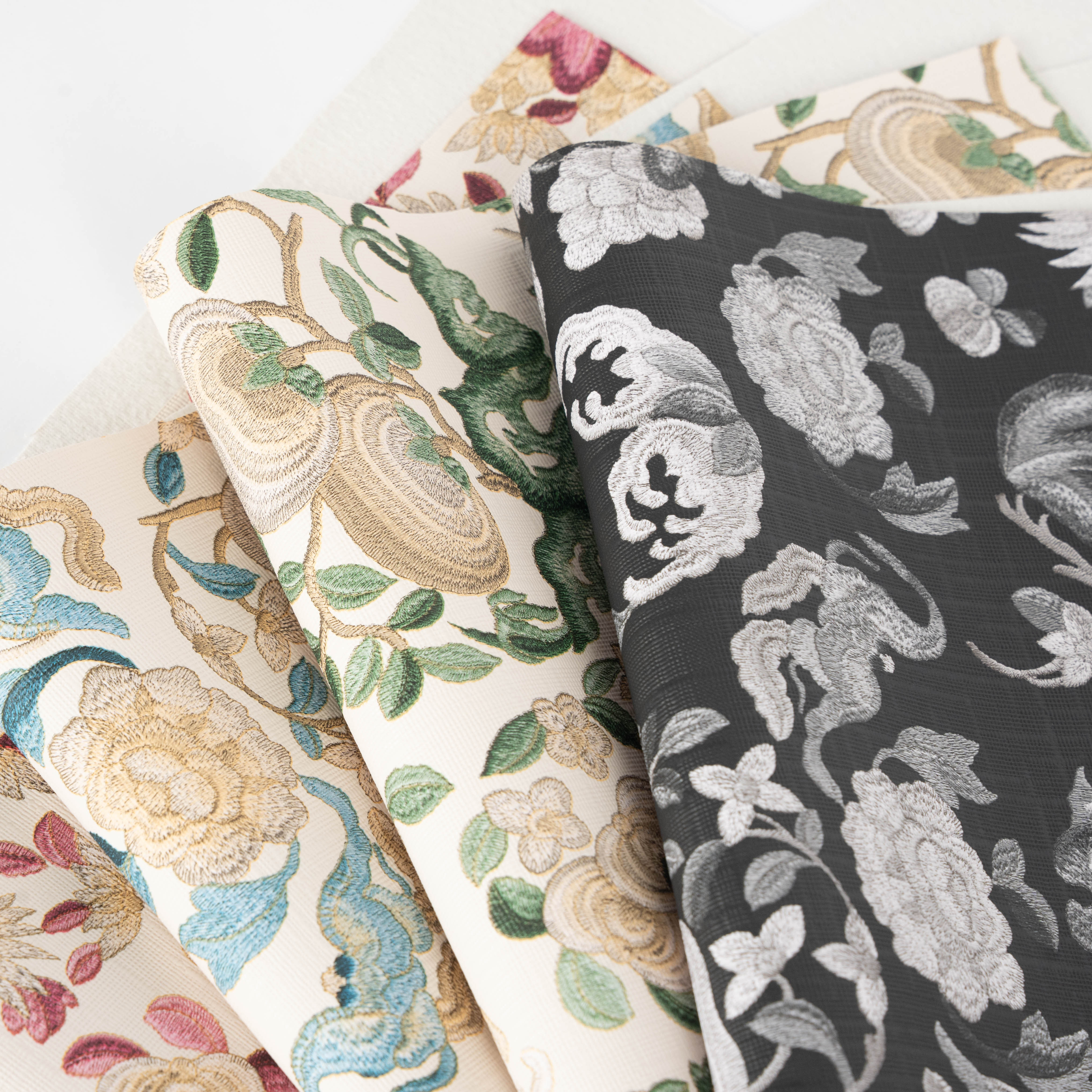 Chinese Style Embroidery PVC Leather Fabric 1.0mm Thick - Traditional Floral Faux Leather for Upholstery & Bags