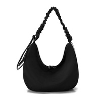 Tas Bahu Bulan Sabit Hitam Warna Solid Tas Hobo Tali Serut Tas Tangan Kasual Sehari-hari