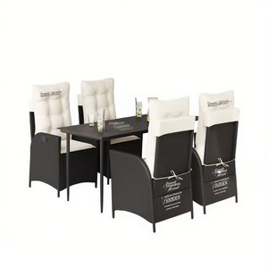 Ensemble de salle à manger de jardin en rotin noir avec coussins blancs crème, 4 places, mobilier d'extérieur, design contemporain - Product Image 1