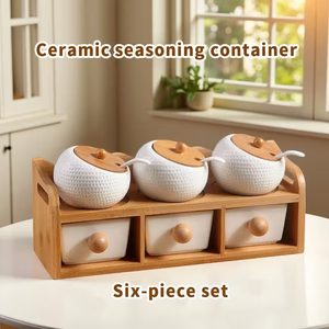 Set da cucina 6 pezzi <span class=keywords><strong>con</strong></span> coperchi e cucchiai e set di barattoli per spezie a doppio strato <span class=keywords><strong>con</strong></span> supporto <span class=keywords><strong>in</strong></span> legno - Product Image 1