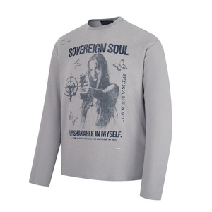 Camiseta de Manga Larga Estilo Americano Vintage con Estampado de Retrato, Tejido Waffle, 35% Algodón, 65% Poliéster, Unisex, Streetwear, Desgastada - Product Image 2