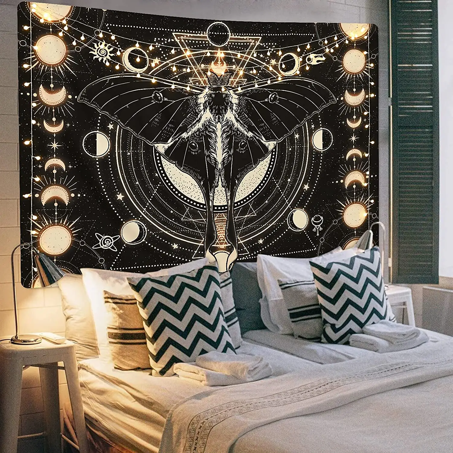 Moon Phase Vintage Butterfly Psychedelic Moth Tapestry Black Moon and Stars Tapestries Aesthetic Art Wall Hanging for Room