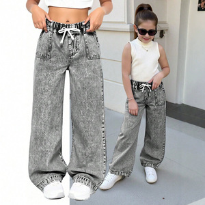 <span class=keywords><strong>Jean</strong></span> gris tendance pour petite fille avec nœud décoratif, coupe droite, pantalon en denim polyvalent pour enfant, personnalisable - Product Image 1