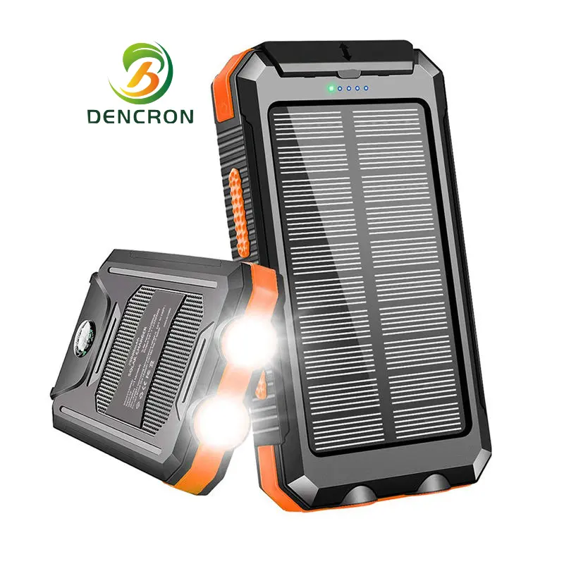 DENCRON Solar Power Bank Dual Usb Power Bank 20000mah Waterproof Battery Charger External Portable Solar Panel With Led Light