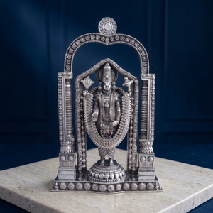Jaipur Metals - Ídolo de Tirupati Balaji Chapado en Plata Oxidada 999 |   100% Latón |   15x5x23cm |   840g |   Pooja Religiosa de Mesa para Diwali - Product Image 1
